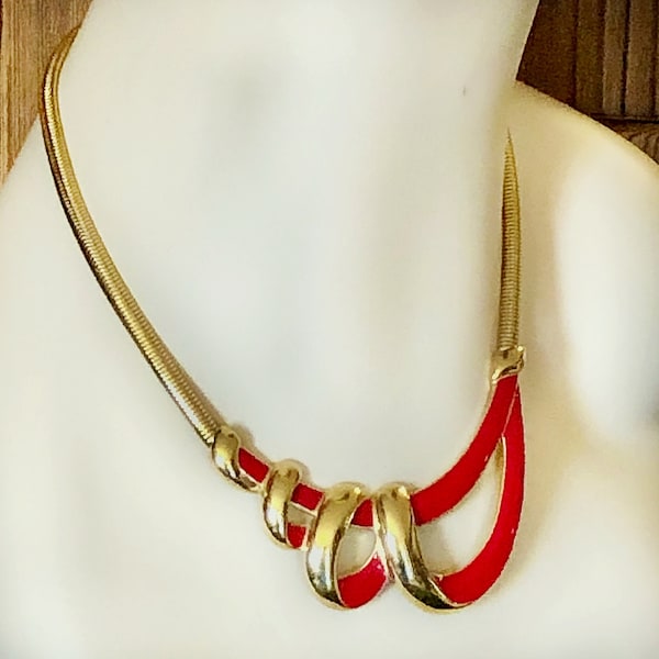 Fabulous Vintage 80’s TAFARI Red Gold Ribbon Necklace, Signed Bob Style Enamel and Herringbone Chain, Retro MCM Design