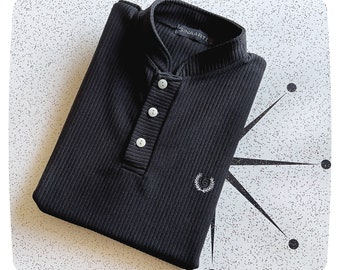 Vintage Black 90s Shirt, Stand Mandarin Collar, Classic Mod Short Sleeve, Henley Polo, Ginaarti UK Logo, Mens Small / Medium