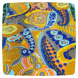 Groovy Psychedelic 60s / 70s Vintage NOS Fabric, MCM Flower Power Hippie, Abstract Paisley Floral in Bright Yellow Electric Blue Orange Tan