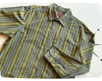 Vintage Y2K / 90s Shirt, TOMMY HILFIGER Button Front, Denim Brand, Green Blue Striped, Mens Large