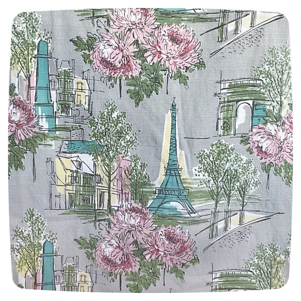 Vintage BARKCLOTH, 1940s Eiffel Tower Paris Upholstery fabric, Pink French Blue Grey Floral Print, MCM Mid Century Art Deco Style