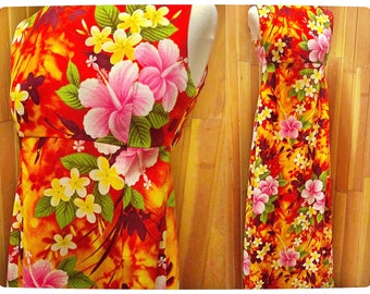 Vintage Hawaiian 60s 70s Maxi Dress, Red Pink White Barkcloth Lavacloth ...