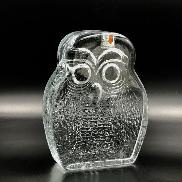 7" Heavy VTG BLENKO Glass Owl SINGLE Bookend with Flat Back & Sticker, Clear Glass Blenko Owl Single Bookend