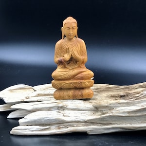 Vintage Hand-Carved Wood Buddha Statue: DharmaChakra Teaching Pose (4.25&quot; High)