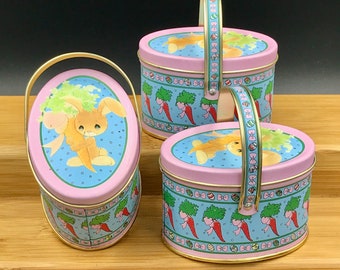 Small NOS VTG 1991 ENESCO Precious Moments Easter Tin with Handle (Sold Individually), Small Easter Bunny Candy Tin, Easter Candy Tin
