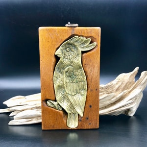 VTG to Antique Brass Parrot Cockatoo Bird Dish, Wall Mounting Brass Parrot Cockatoo Encased in Wood, Art Deco Brass Parrot Bird