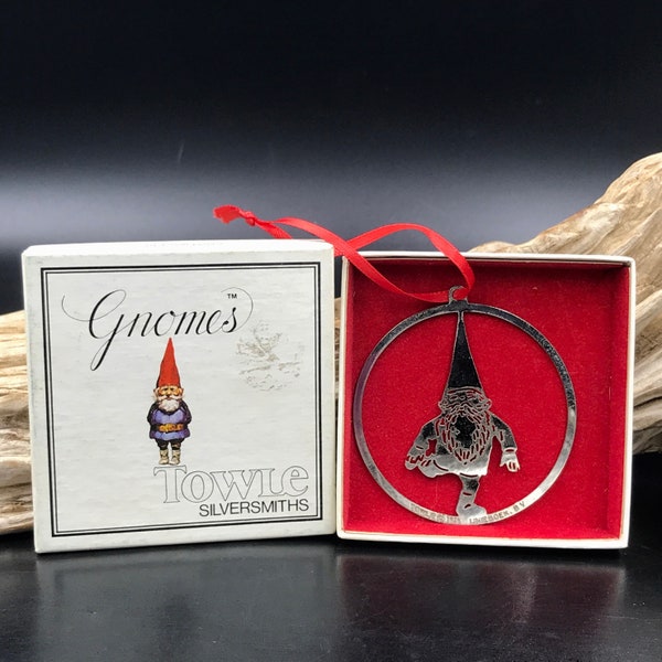 1970 Towle Silversmiths Unieboek GNOMES On With The Dance 3102 Christmas Ornament in Box, Unieboek Gnome Ornament, Gnome Christmas Ornament