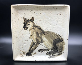 Vintage Handmade Art Pottery Plate: Hand-Painted Puma Cougar, 8" Square
