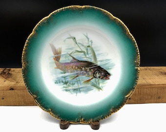 Antique Limoges Fish Plate: Bassett Austria, Gold Gilt Green Border (8.5")