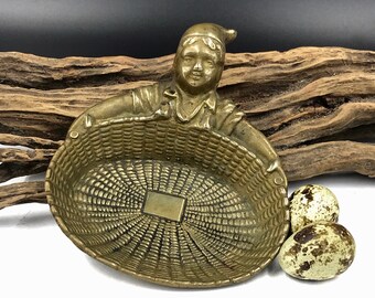 Vintage Brass Elf Trinket Dish: Gnome Business Card Holder
