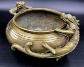 VTG to Antique Chinese Brass Censer with Dragon Chilong Handles Xuande Mark, Chinese Brass Censer, Chinese Brass Bowl with Dragons