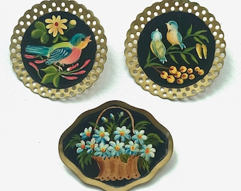 Vintage Hand-Painted Tole Brooch: Bird or Flower Basket, Rose Zeller