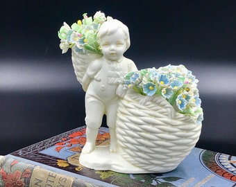 Antique Limbach Bisque Figural Boy Vase: German Porcelain, Baskets