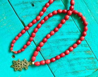 Vintage Red Glass Bead Necklace: Ethiopian Coptic Cross Pendant