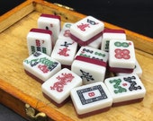Lot of 15 Vintage Mahjong Tiles with Rounded Corners, Maroon Burgundy Backed Mahjong Tiles, Two-Tone Mahjong Tiles