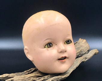Vintage Creepy Doll Head: Distressed Composition, Glass Eyes, Halloween Decor