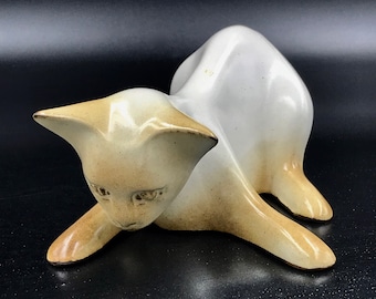 1980s Signed J & G Morten Studio Art Pottery Siamese Cat Figurine, Made in England, Artisan Made Clay Cat Figurine, Siamese Cat Figurine