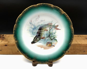 Antique Limoges Fish Plate: Bassett Austria, Gold Gilt Green Border (8.5")