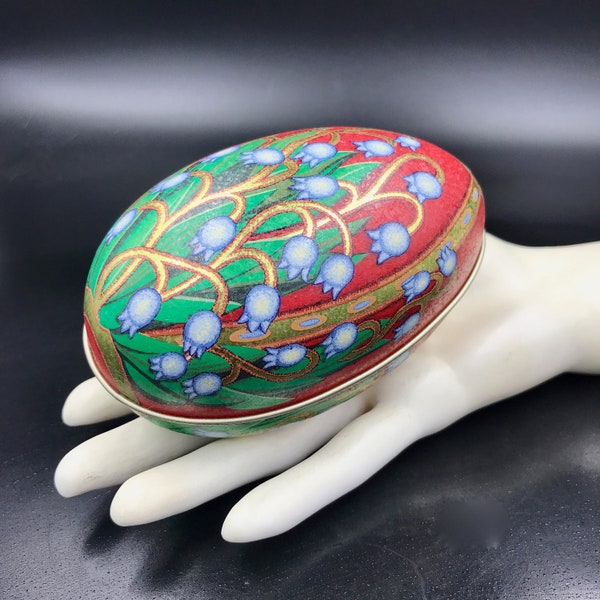 2004 Tin Litho Russian Egg by Elite Gift Boxes with Lily of the Valley, 4.25" H, Russian Faberge Style Tin Litho Easter Egg, Made in England