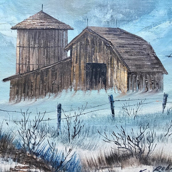 Mid-Century Original Oil Painting of Barn In Winter Setting on Board Signed K. Robins, UNFRAMED, 8" x 10," Rural Snowy Landscape Painting