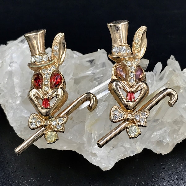 1950s Karu Fifth Avenue Slightly Menacing Gold Tone Bunny Rabbit with Top Hand & Cane Brooch YOUR CHOICE, Rhinestone Rabbit with Top Hat Pin