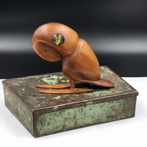 Vintage 1972 Hand Carved Wood Parrot with Glass Eyes
