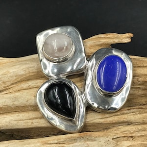 Vintage Mexican Sterling Silver Gemstone Brooch Pendant: Onyx, Lapis, Quartz