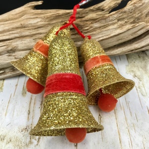 3 VTG Gold Glitter Christmas Bells: Red Velvet Ribbon Ornaments