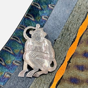 Vintage Etched Sterling Silver Monkey Brooch: Happy Mama Monkey Jewelry