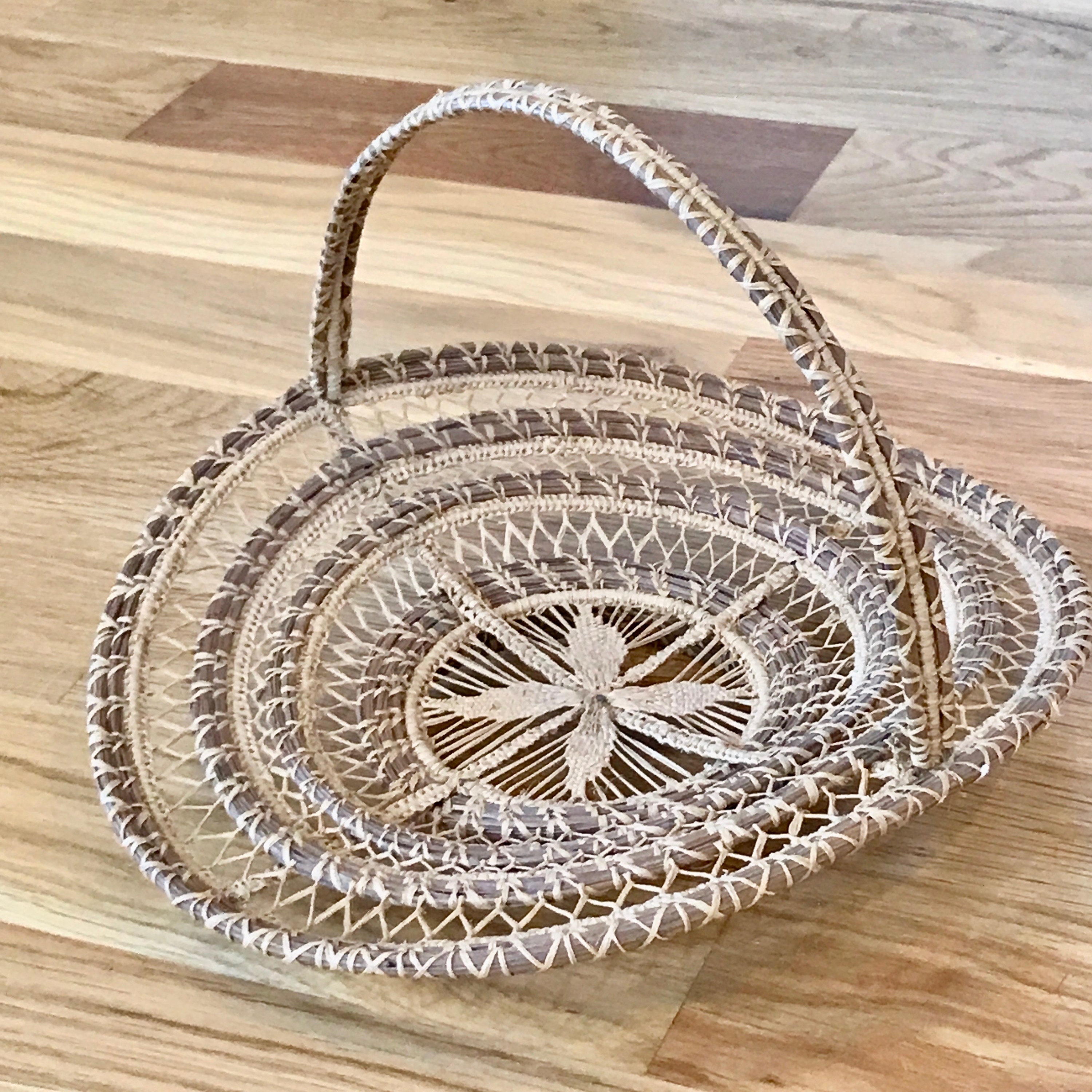 VTG Coiled Pine Needle Basket With Handle & Open Weave Center Etsy