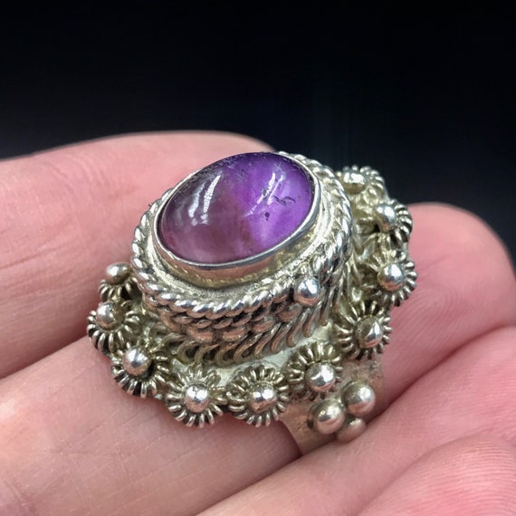 Vtg Mexican Sterling Silver Amethyst Poison Ring,