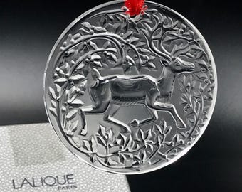 Vintage Lalique France Crystal Leaping Deer Christmas Ornament