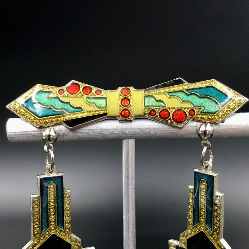Vtg ART DECO Style Demi-Parure Drop Earrings and Brooch Art Deco Style Silver Tone Enamel Earrings and Matching Brooch