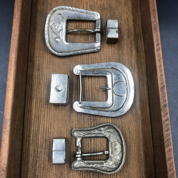 Metal Belt Buckle Lot - Silver Tone and Solid Brass Stamped Vintage Western Vintage Silver Tone Western Belt Buckle Set: Cowboy  main image 3