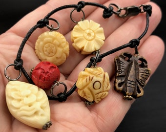 Vintage Chinese Carved Charm Bracelet: Bone, Cinnabar, Jade, Sterling Silver
