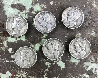 Set of 6 Genuine Silver Mercury Dime Button Covers Dated 1937, 1940, 1943 (2), 1944, 1945, Real Coin Button Covers