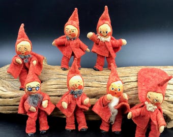 1950s Seven Dwarfs BAPS Germany Edith von Arp & Hilde Bartel Felt Doll Set, 3.5" H