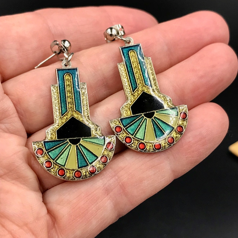 Vtg ART DECO Style Demi-Parure Drop Earrings and Brooch Art Deco Style Silver Tone Enamel Earrings and Matching Brooch