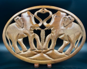 Vintage Hand Carved Wood Elephant Plaque: Boho Wall Decor