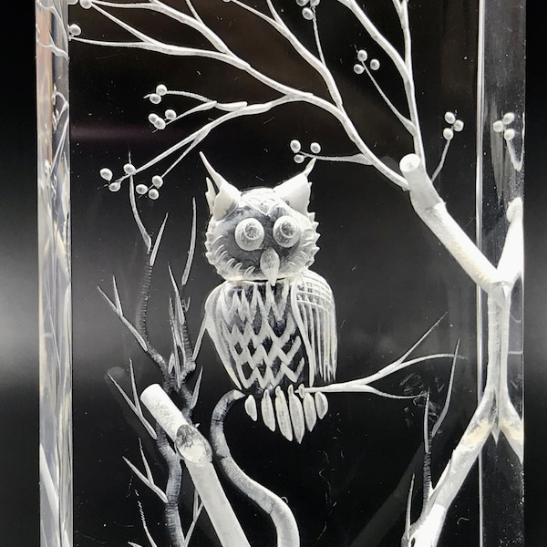 VTG Carved Lucite Acrylic Owl in Tree Paperweight Sculpture Block, Clear Lucite Acrylic Reverse Carved Sculpture, Lucite Acrylic Owl