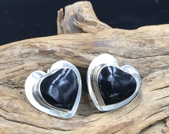 VTG Mexican Sterling Silver & Onyx Heart Shaped Clip on Earrings, Vintage Sterling Silver Heart Clip On Earrings