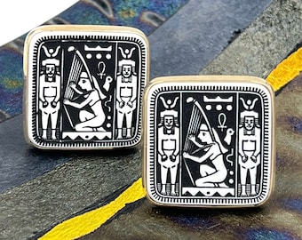 Vintage Egyptian Revival Cuff Links: Black & White Hieroglyphics