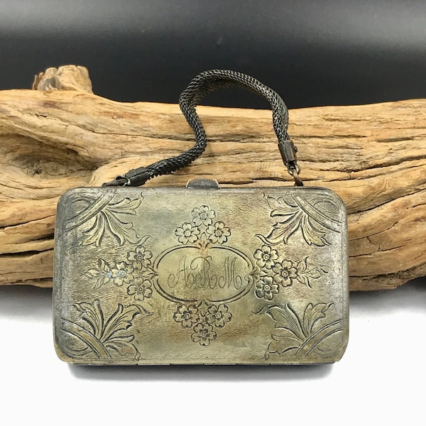 WORN Antique Etched Silver Tone Metal Coin Purse with Mesh Handle, Monogrammed, Base Metal EXPOSED, Victorian/Edwardian Metal Coin Purse