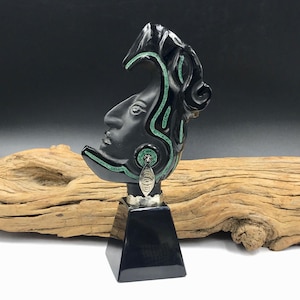 LOVELY VTG Small Mexican Hand Carved Obsidian Aztec Eagle Warrior Jaguar Warrior Bust Sculpture with Inlay Turquoise/Malachite, 6.75&quot; H