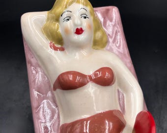 Vintage Pinup Girl Ceramic Ashtray, Naughty Nodder With Nodding