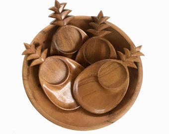 Mid Century Hawaiian Ohia Wood Pineapple Snack Trays with Cup Holder - Set of 4