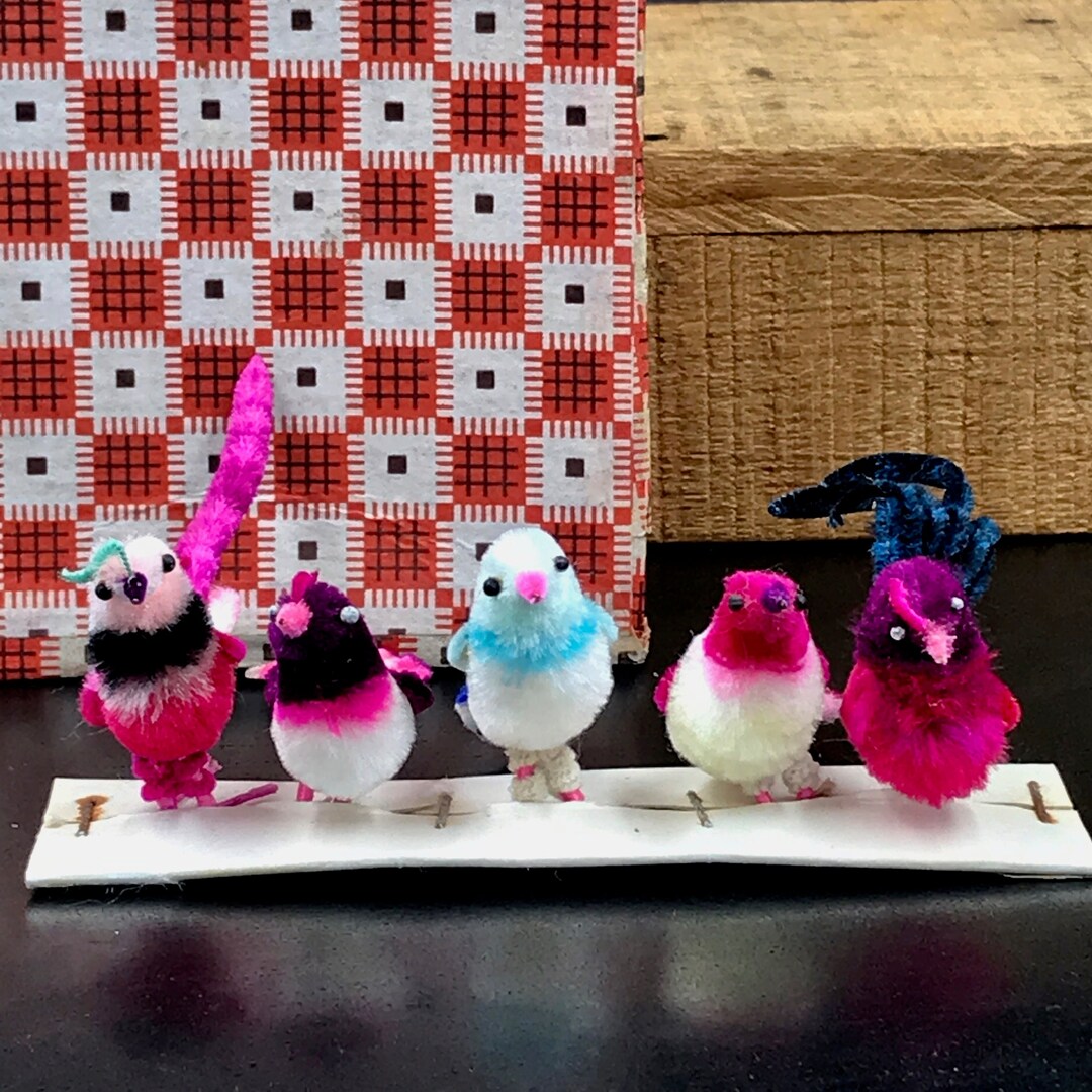 5 VTG Midcentury Chenille Birds for Crafting, Peking Velvet Chenille