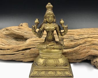 Vintage Brass Lakshmi Devi Statue: 4.5" Hindu Goddess