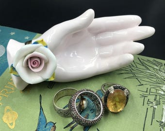 Occupied Japan Porcelain Hand Ring Dish: Vintage Trinket Holder with Rose