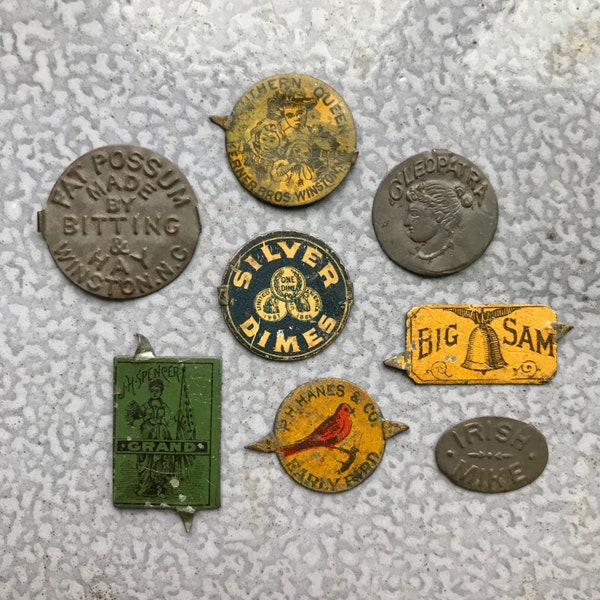 Antique Tin Tobacco Tags SOLD INDIVIDUALLY, Irish Mike, Fat Possum, Cleopatra, Southern Queen, Grand, Big Sam, Silver Dimes, Early Bird